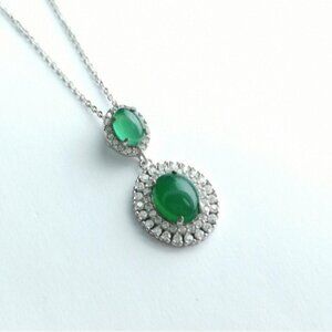 Green Chalcedony CZ Halo Pendant Necklace sterling...